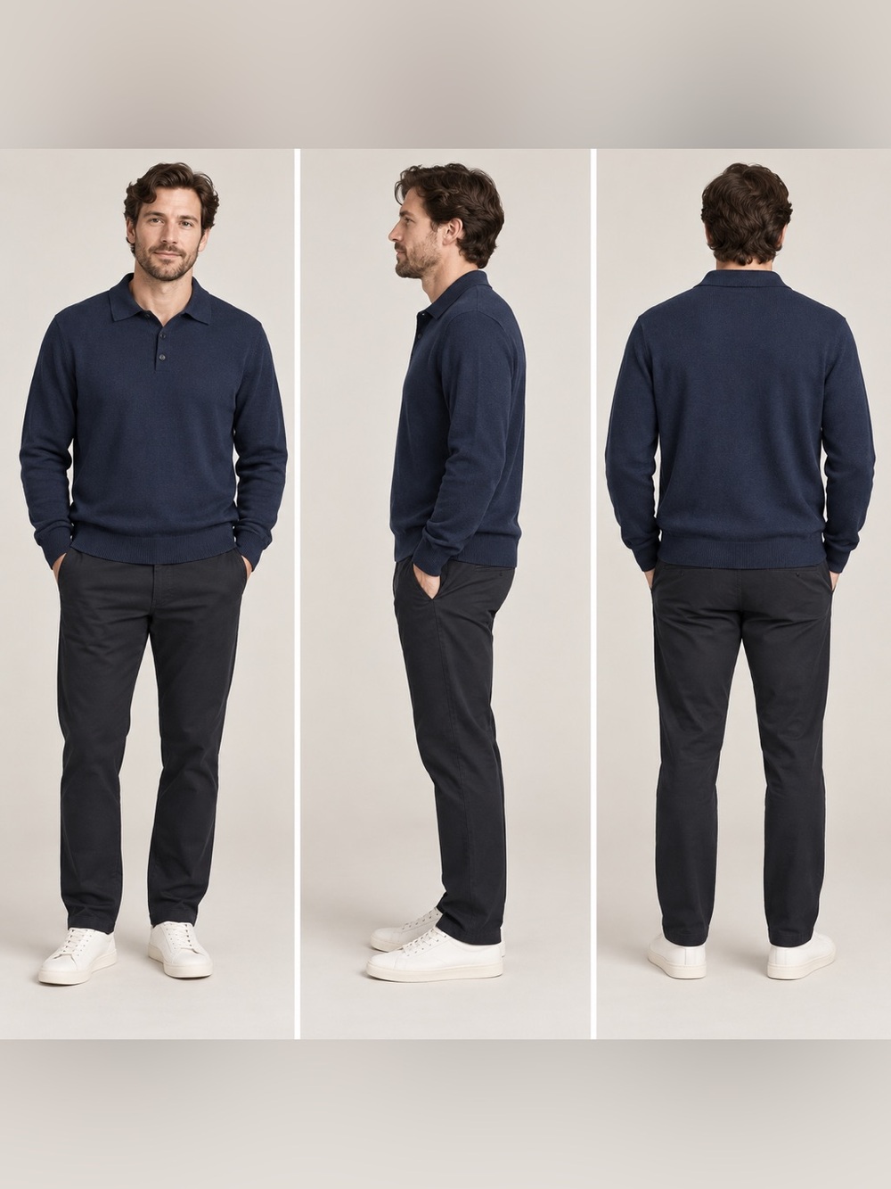 L.L.Bean Men’s Cotton Cashmere Polo Sweater Small Navy Blue Long Sleeve